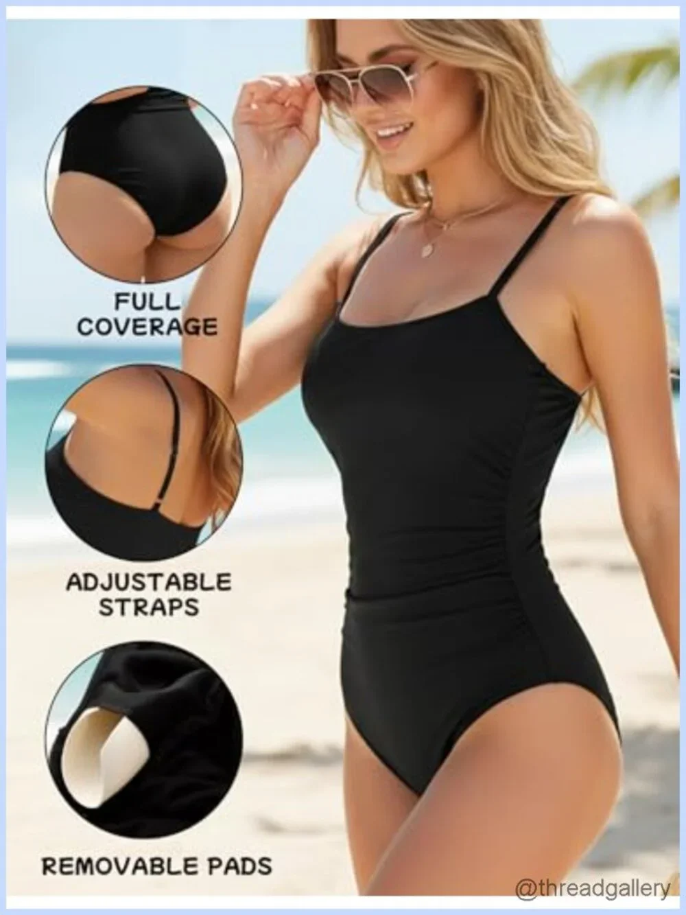 Women's One-Piece Swimsuit Square Neck Ruched Waist Adjustable Straps Full